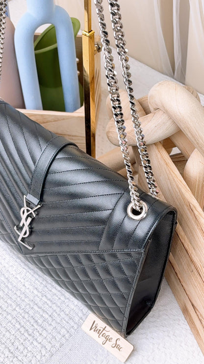 YSL Black Grain De Poudre Large Envelope Bag (SHW)