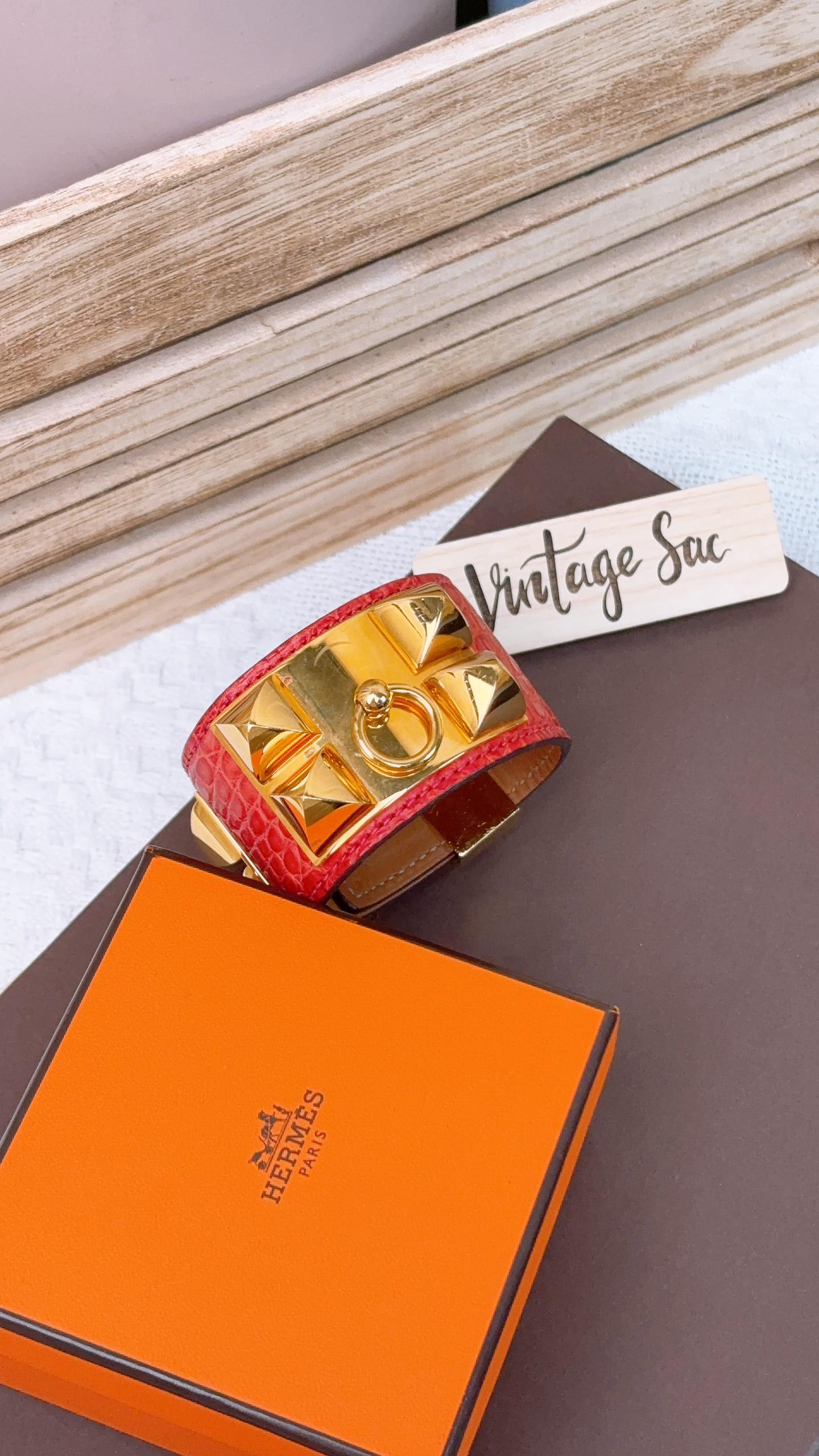 Hermes Orangish Alligator Red Collier De Chien Bracelet (GHW)