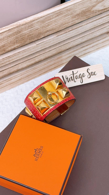 Hermes Orangish Alligator Red Collier De Chien Bracelet (GHW)