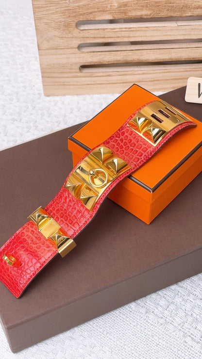 Hermes Orangish Alligator Red Collier De Chien Bracelet (GHW)