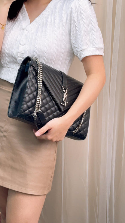 YSL Black Grain De Poudre Large Envelope Bag (SHW)