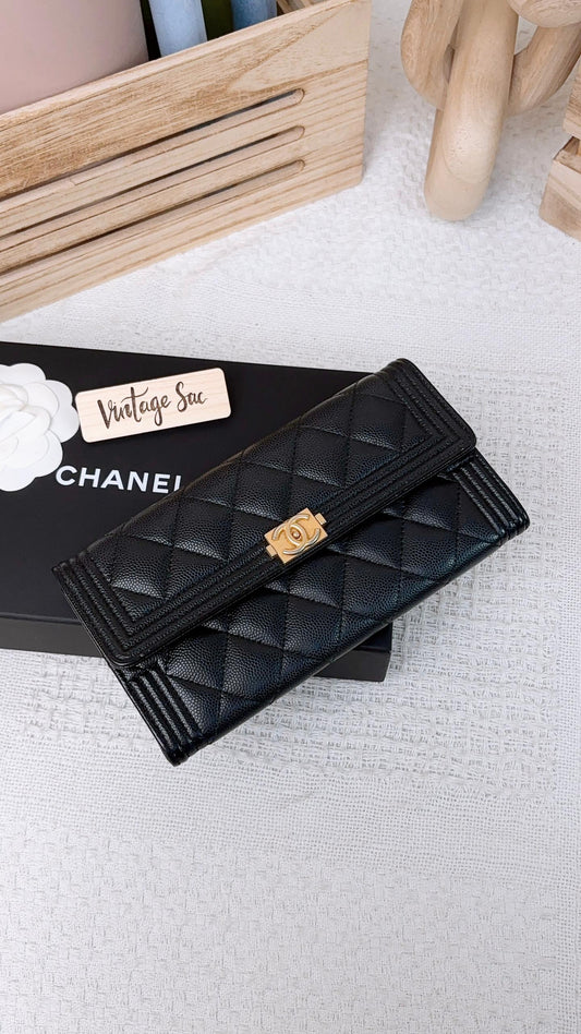 Chanel Black Caviar Boy Bifold Long Wallet (GHW)