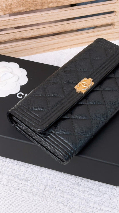 Chanel Black Caviar Boy Bifold Long Wallet (GHW)