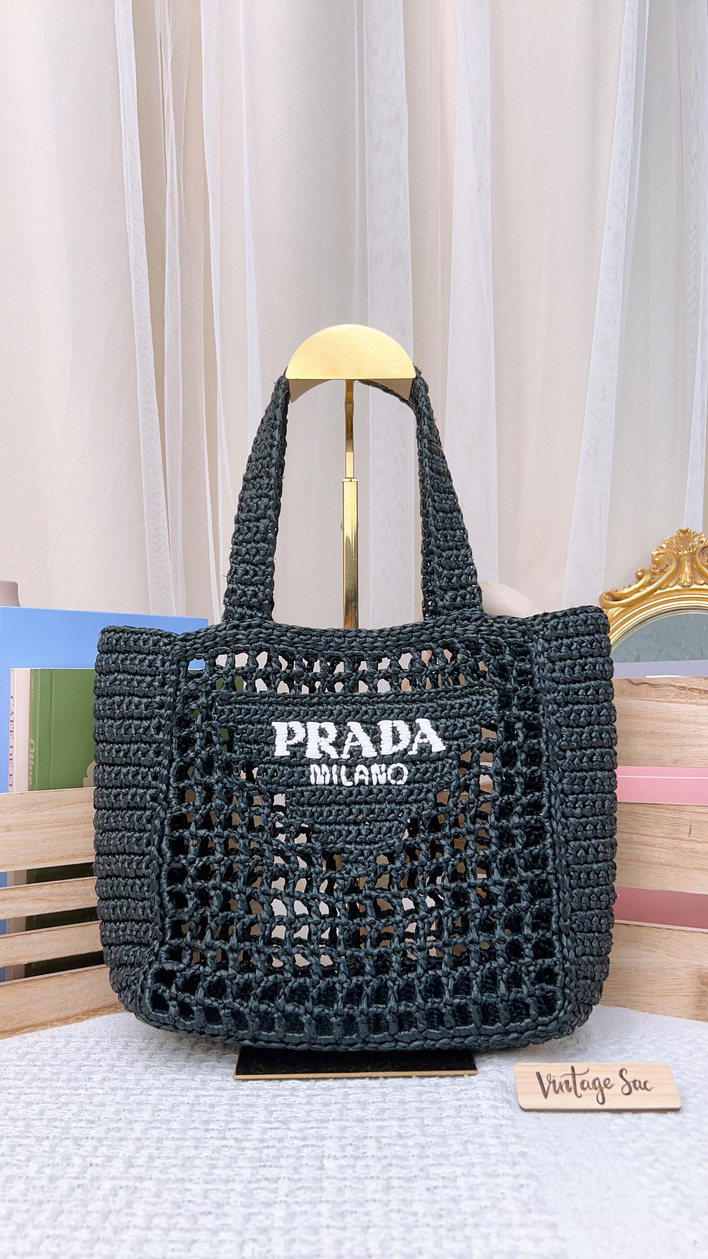 Prada Black Raffia Triangle Logo Tote