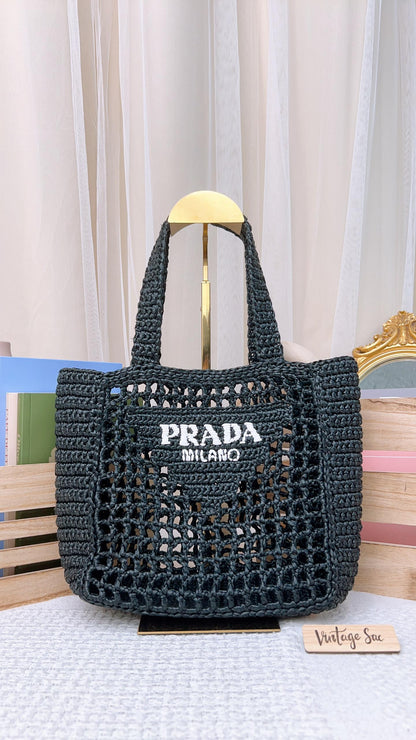 Prada Black Raffia Triangle Logo Tote