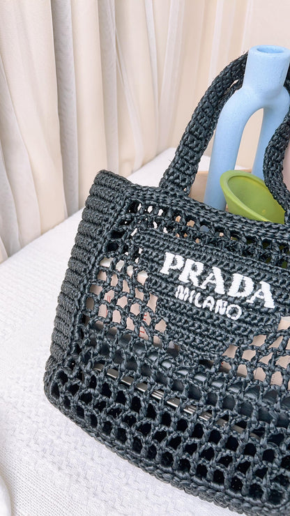 Prada Black Raffia Triangle Logo Tote