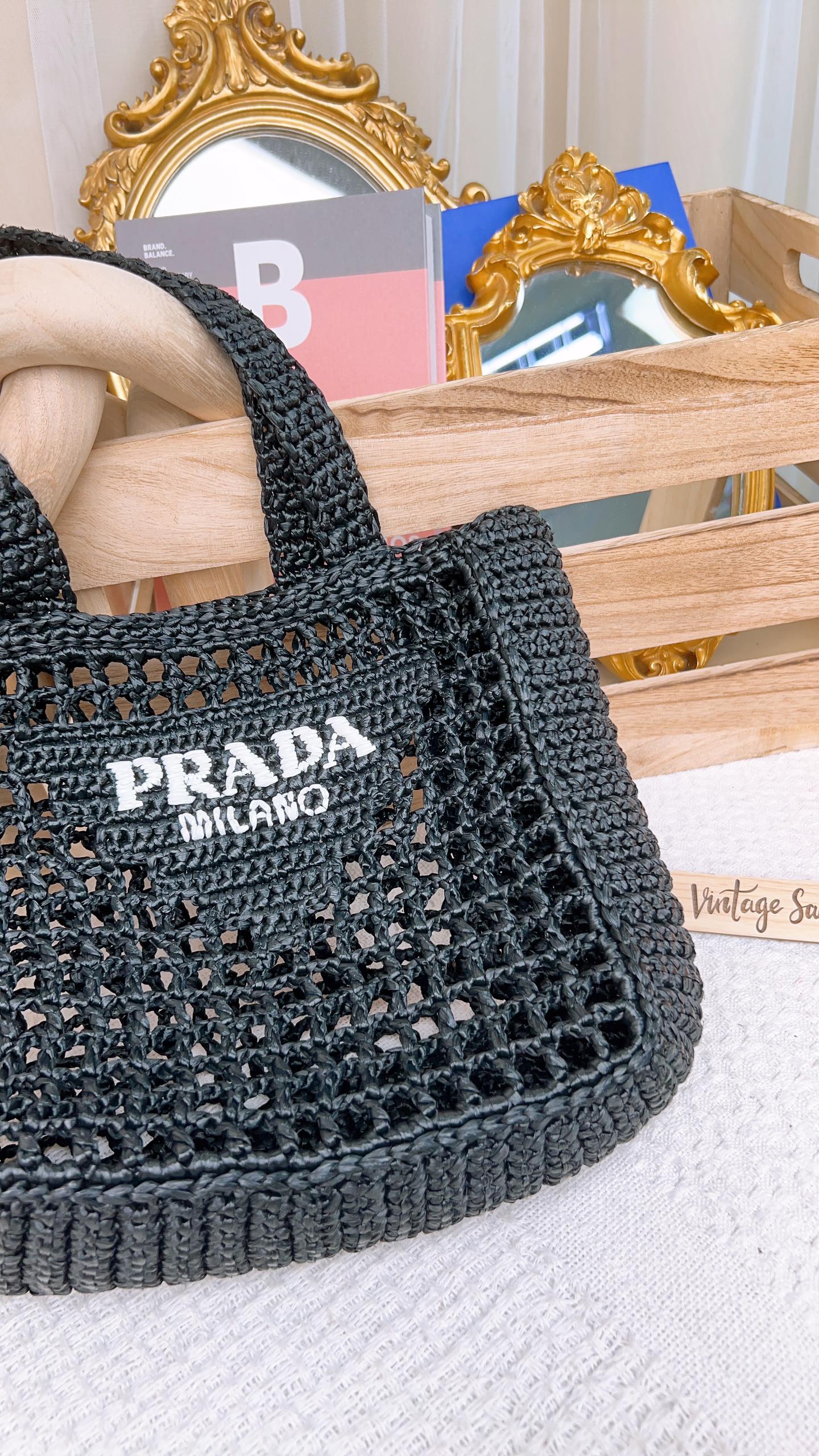 Prada Black Raffia Triangle Logo Tote