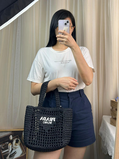 Prada Black Raffia Triangle Logo Tote