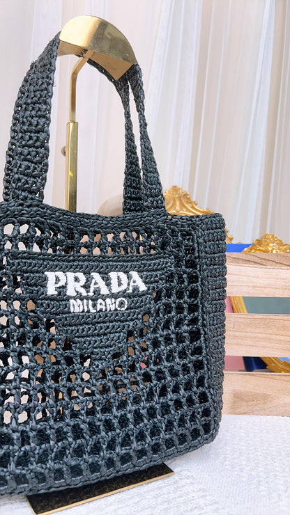 Prada Black Raffia Triangle Logo Tote