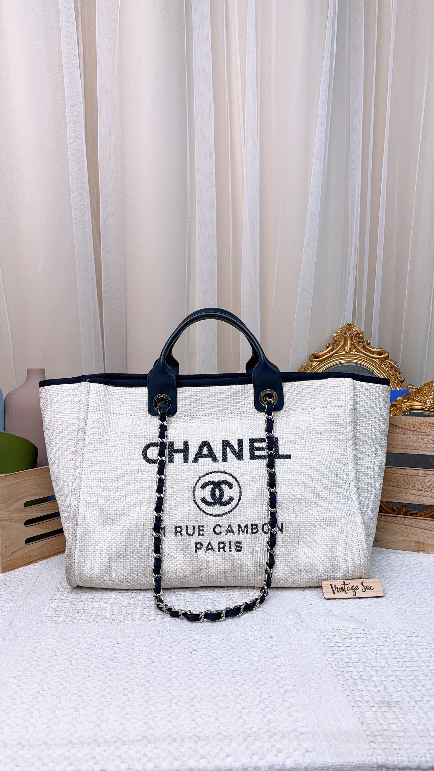 Chanel Navy Beige Wicker Medium Deauville Tote (SHW)