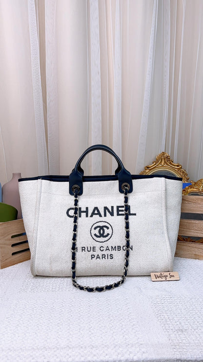Chanel Navy Beige Wicker Medium Deauville Tote (SHW)