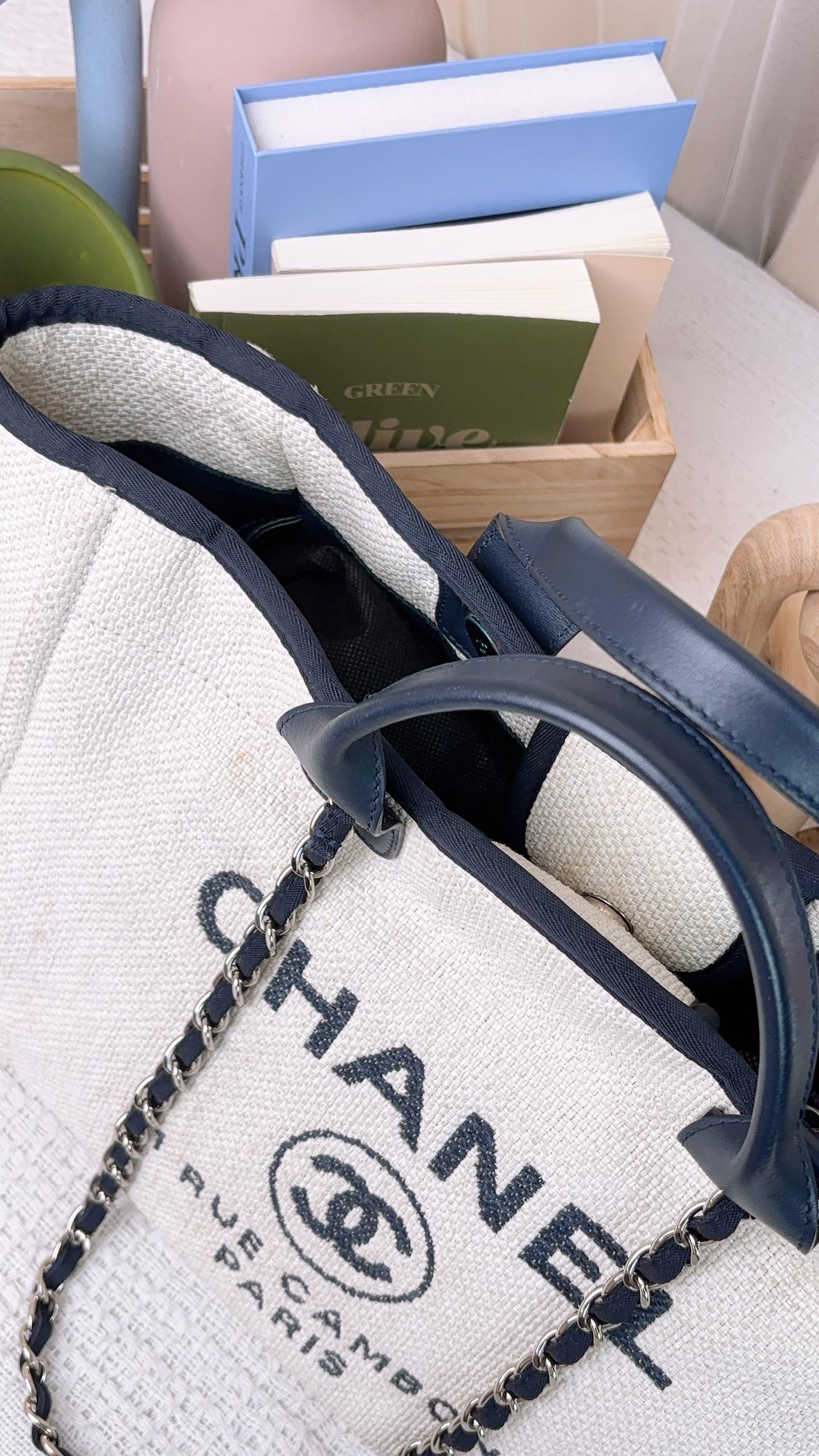 Chanel Navy Beige Wicker Medium Deauville Tote (SHW)