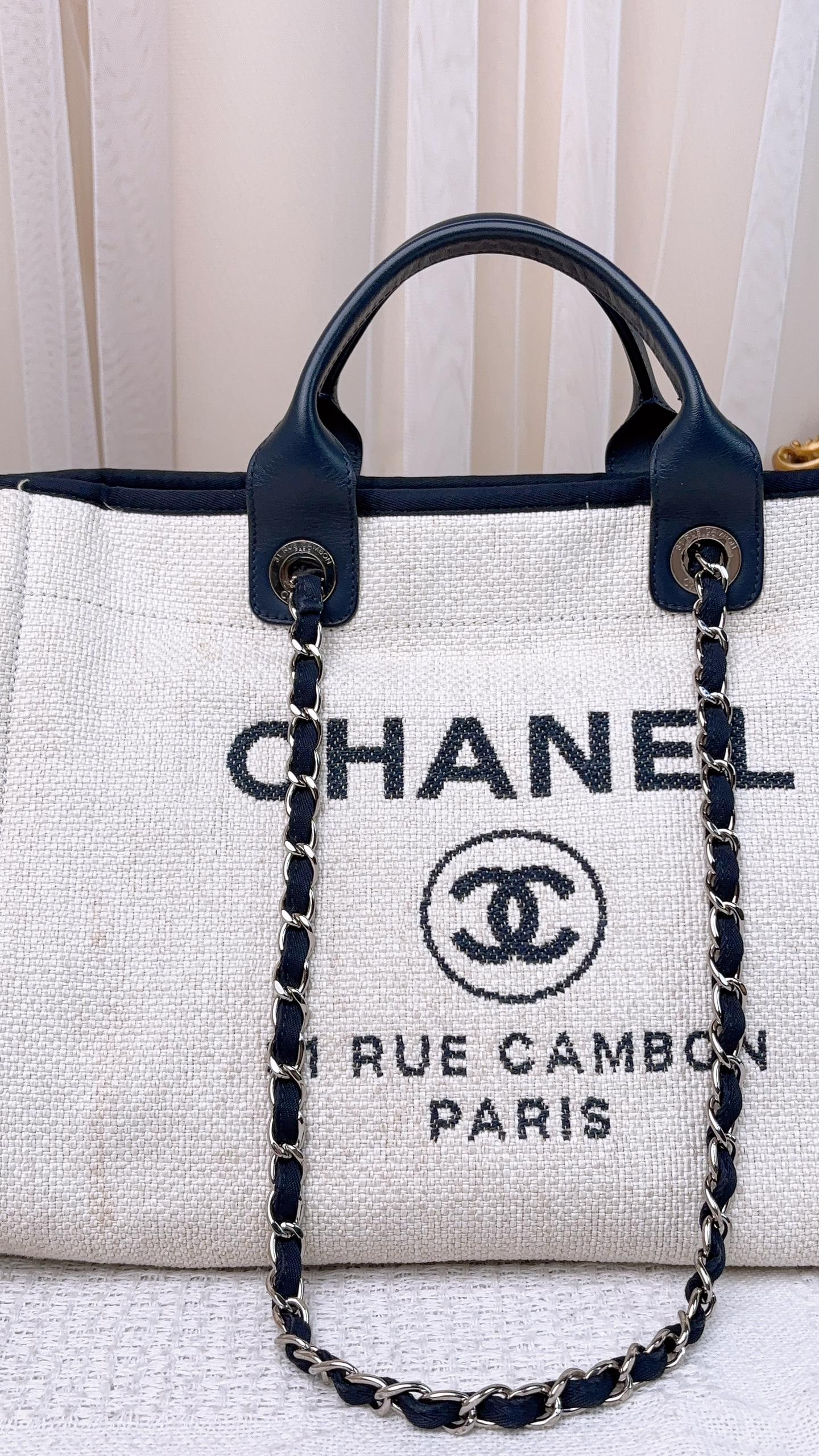Chanel Navy Beige Wicker Medium Deauville Tote (SHW)