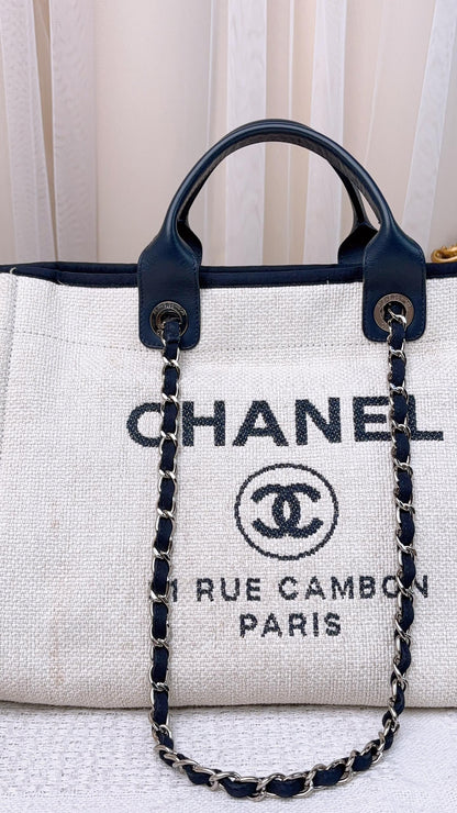 Chanel Navy Beige Wicker Medium Deauville Tote (SHW)