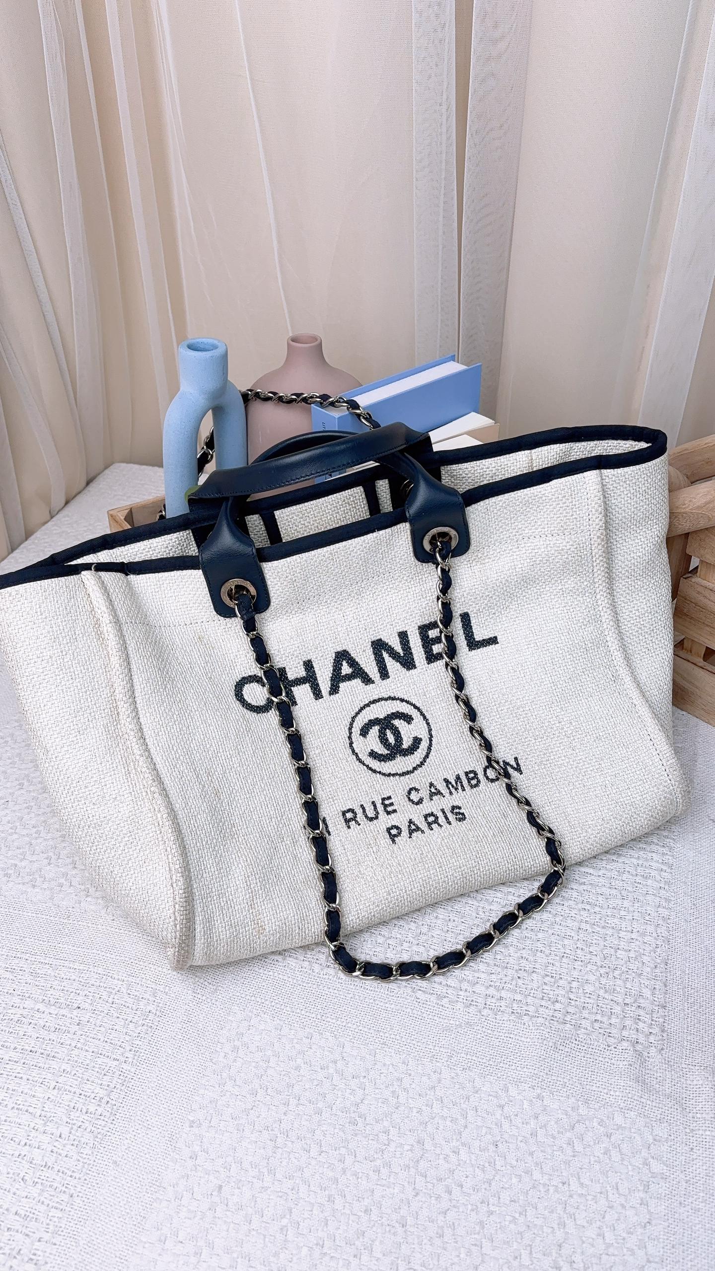 Chanel Navy Beige Wicker Medium Deauville Tote (SHW)