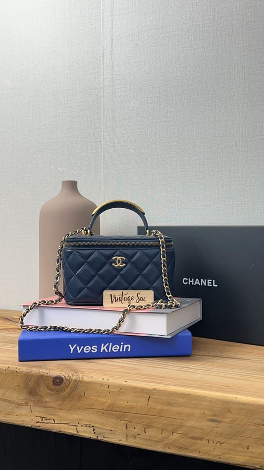 Chanel Navy Blue Lambskin Vanity with Top Handle GHW