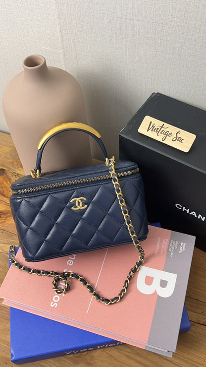 Chanel Navy Blue Lambskin Vanity with Top Handle GHW