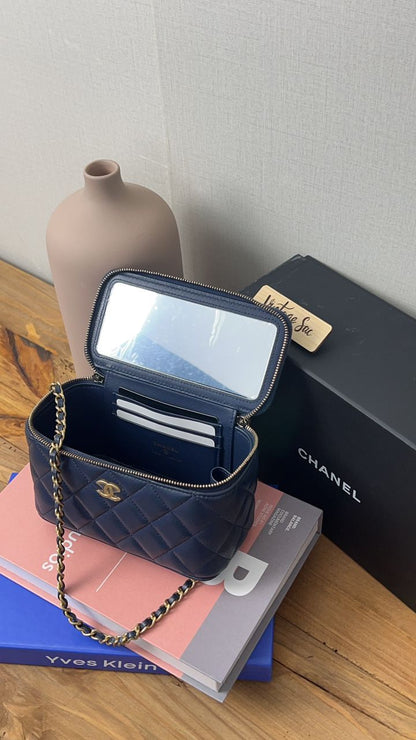 Chanel Navy Blue Lambskin Vanity with Top Handle GHW