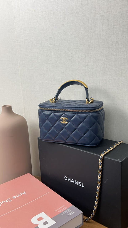 Chanel Navy Blue Lambskin Vanity with Top Handle GHW