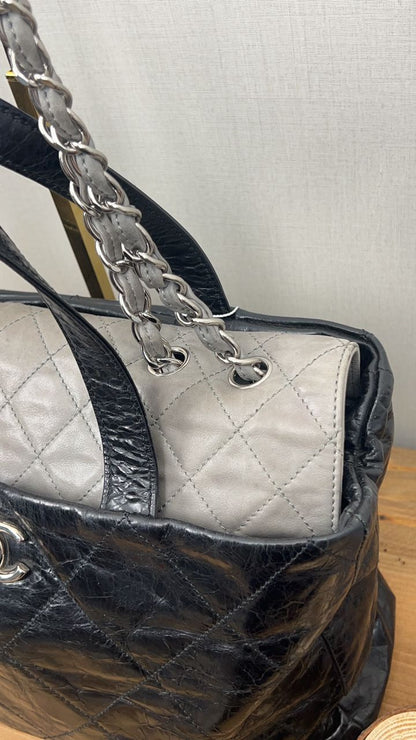 Chanel Black Grey Glazed Calfskin Portobello Tote Bag SHW