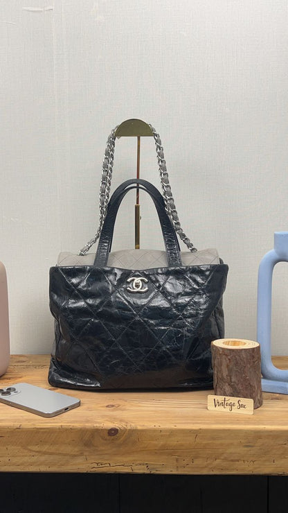 Chanel Black Grey Glazed Calfskin Portobello Tote Bag SHW