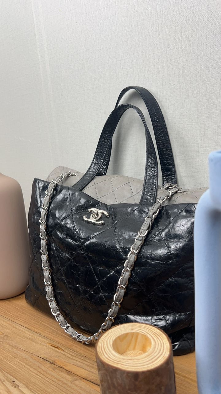 Chanel Black Grey Glazed Calfskin Portobello Tote Bag SHW