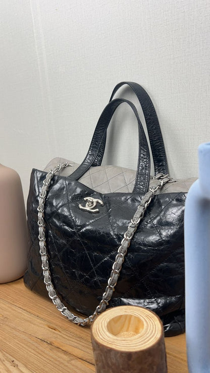 Chanel Black Grey Glazed Calfskin Portobello Tote Bag SHW