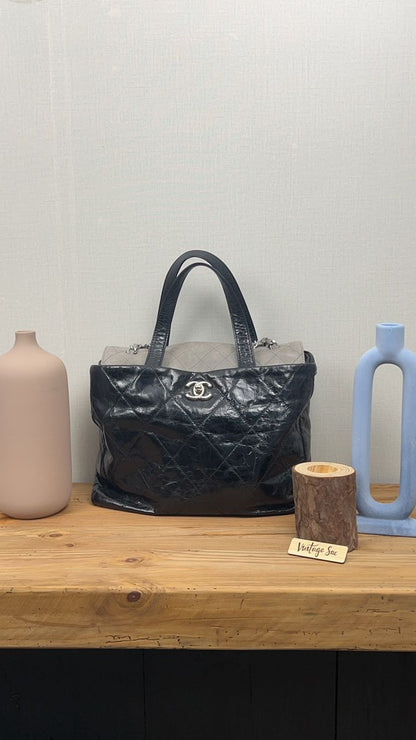 Chanel Black Grey Glazed Calfskin Portobello Tote Bag SHW