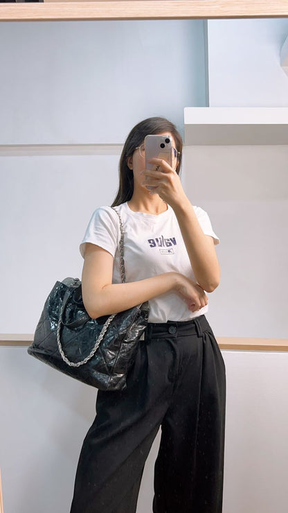 Chanel Black Grey Glazed Calfskin Portobello Tote Bag SHW