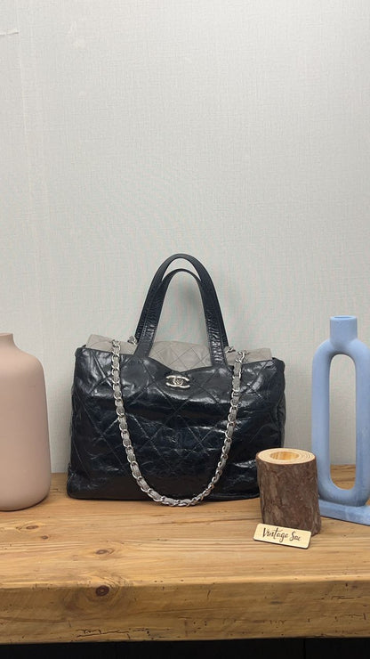 Chanel Black Grey Glazed Calfskin Portobello Tote Bag SHW