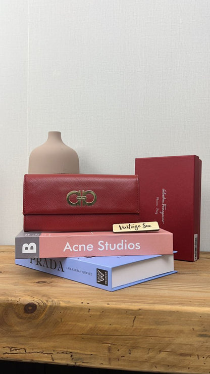 Salvatore Ferragamo Red Gancini Continental Long Wallet (GHW)