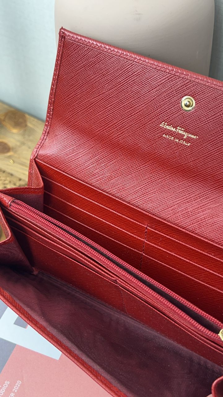 Salvatore Ferragamo Red Gancini Continental Long Wallet (GHW)