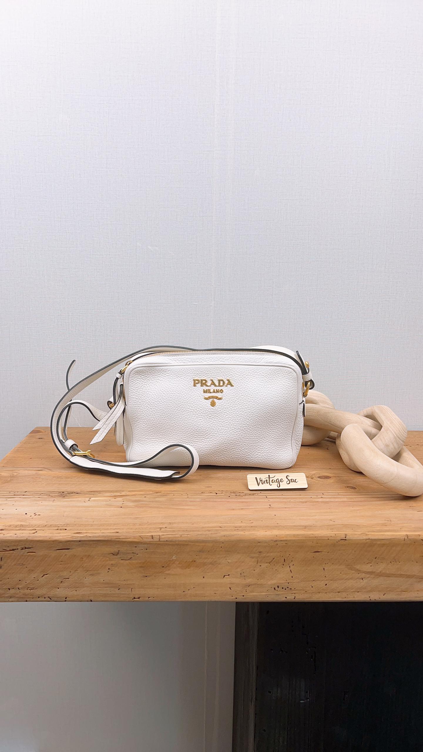 Prada White Vitello Phenix Leather Double Zip Camera Bag