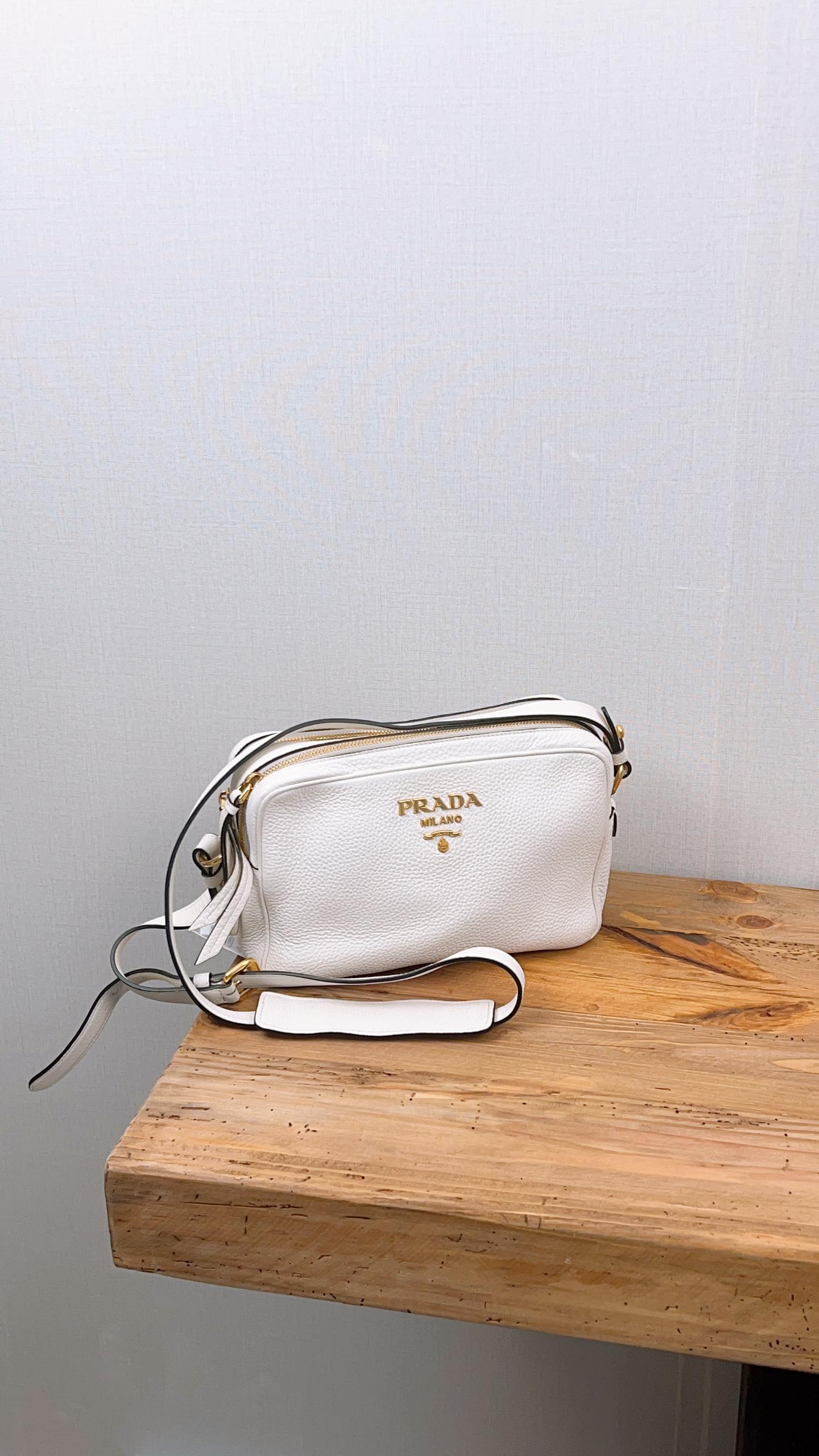Prada White Vitello Phenix Leather Double Zip Camera Bag