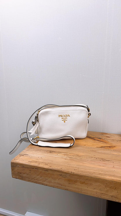 Prada White Vitello Phenix Leather Double Zip Camera Bag