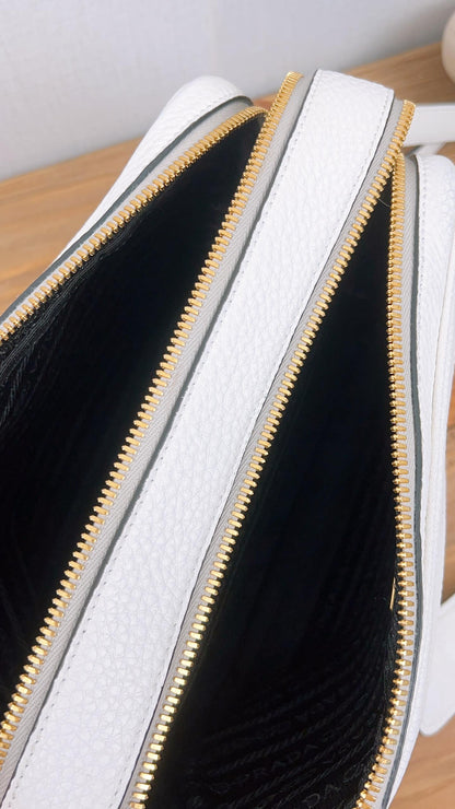 Prada White Vitello Phenix Leather Double Zip Camera Bag