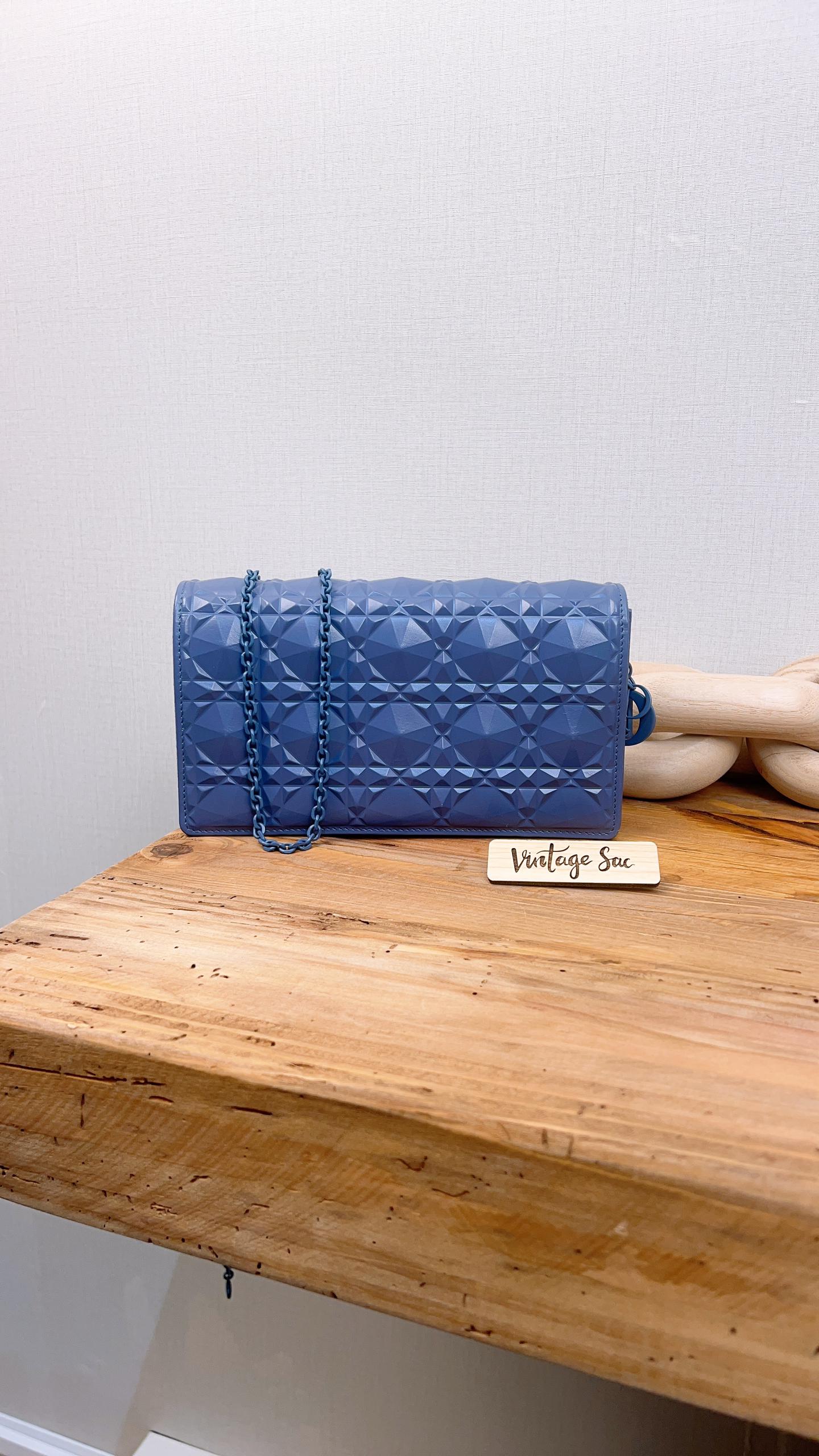 Dior Blue Diamond Motif Calfskin Lady Dior Pouch w Chain