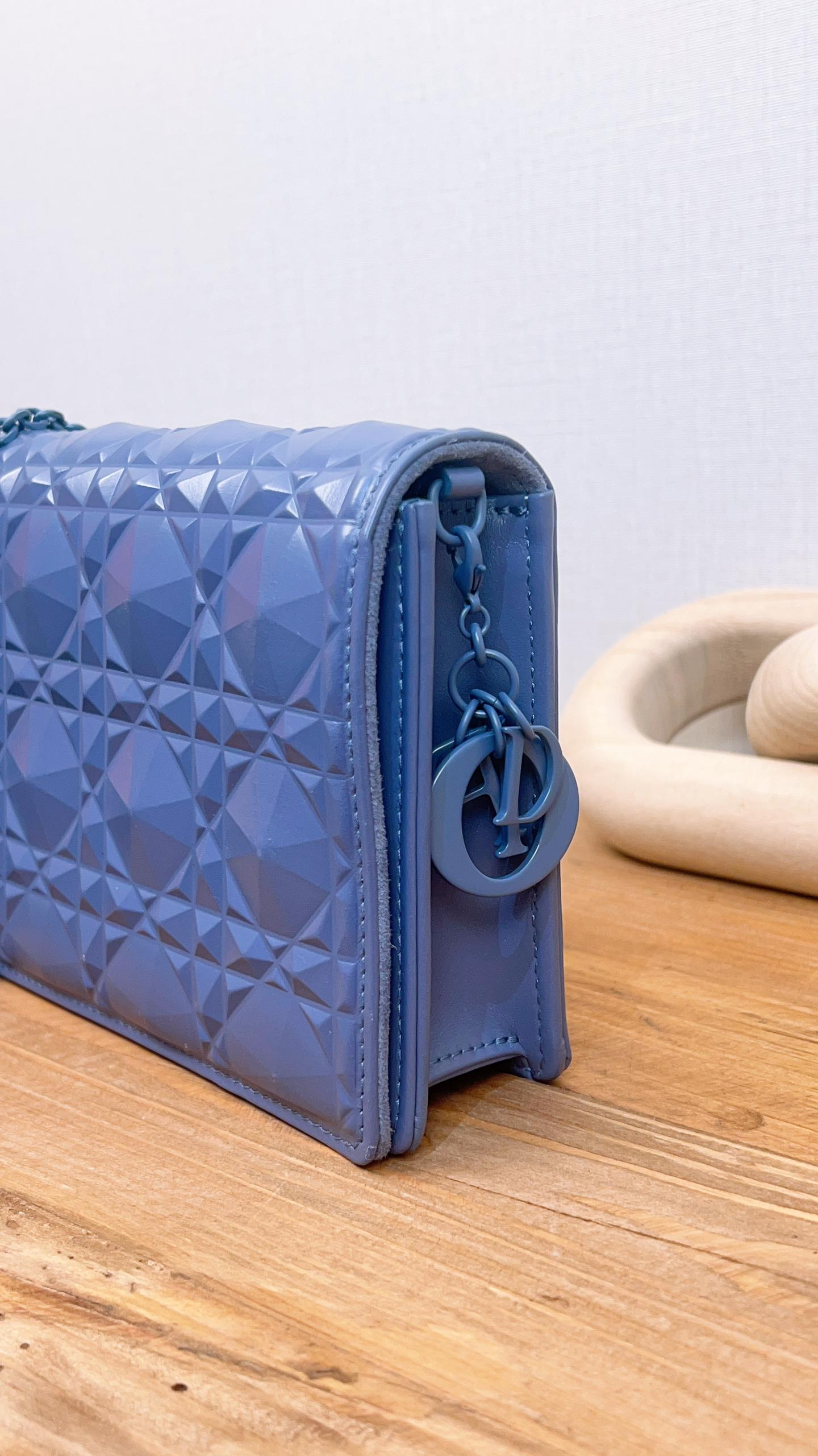 Dior Blue Diamond Motif Calfskin Lady Dior Pouch w Chain