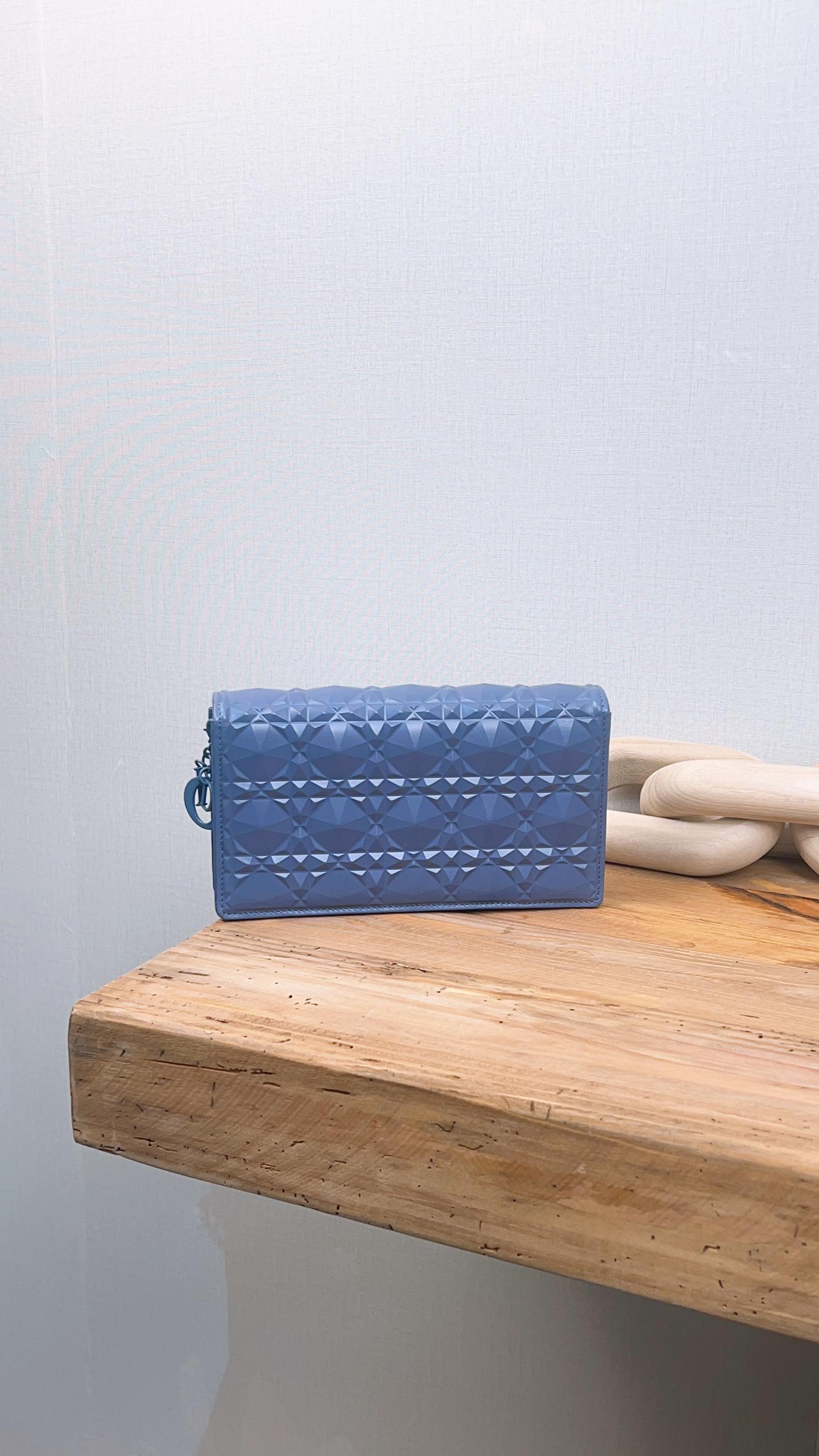 Dior Blue Diamond Motif Calfskin Lady Dior Pouch w Chain