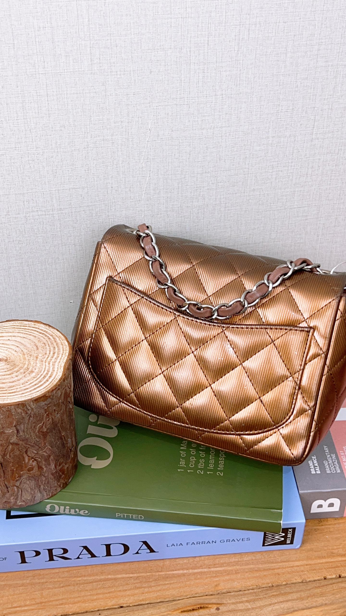 Chanel Bronze Striated Patent Mini Square (SHW)