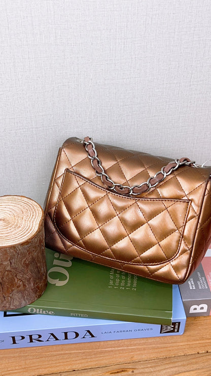 Chanel Bronze Striated Patent Mini Square (SHW)