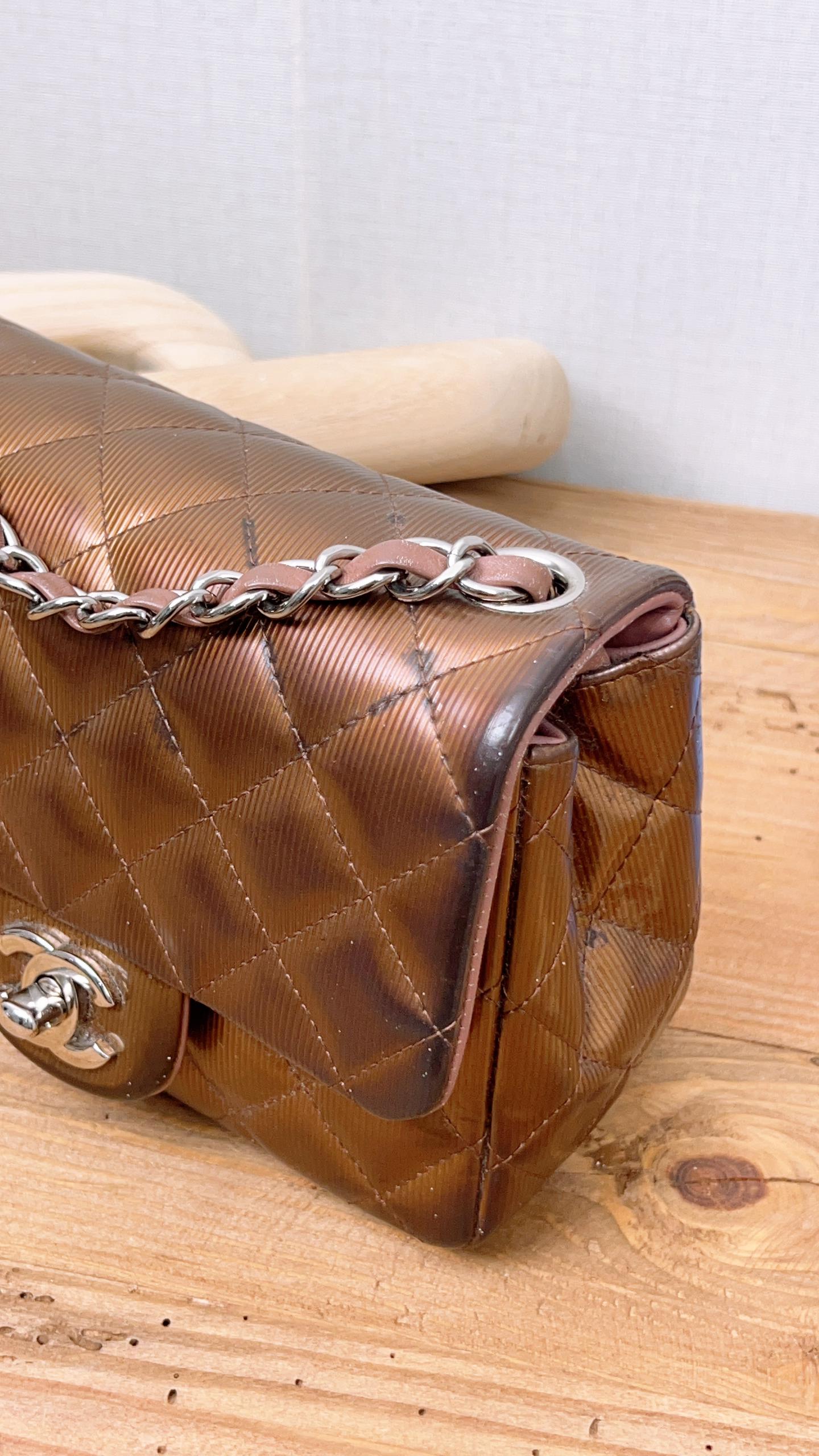 Chanel Bronze Striated Patent Mini Square (SHW)