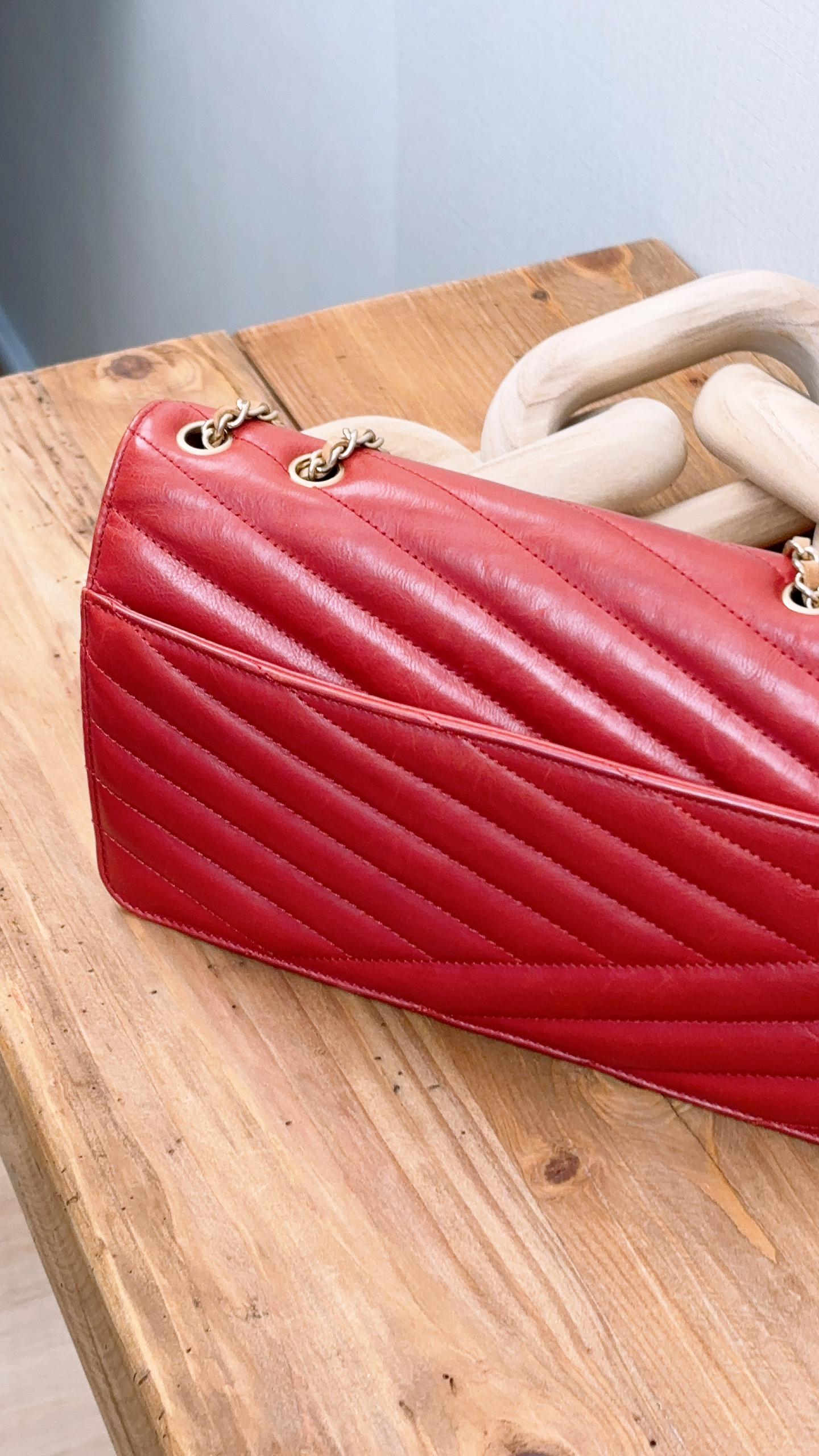 Chanel Red Lambskin Chevron Quilted Gabrielle Flap Bag (GHW)
