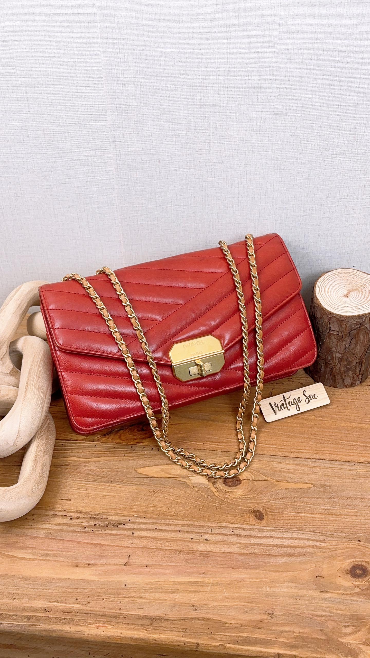 Chanel Red Lambskin Chevron Quilted Gabrielle Flap Bag (GHW)