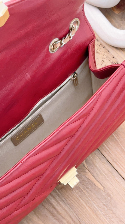Chanel Red Lambskin Chevron Quilted Gabrielle Flap Bag (GHW)