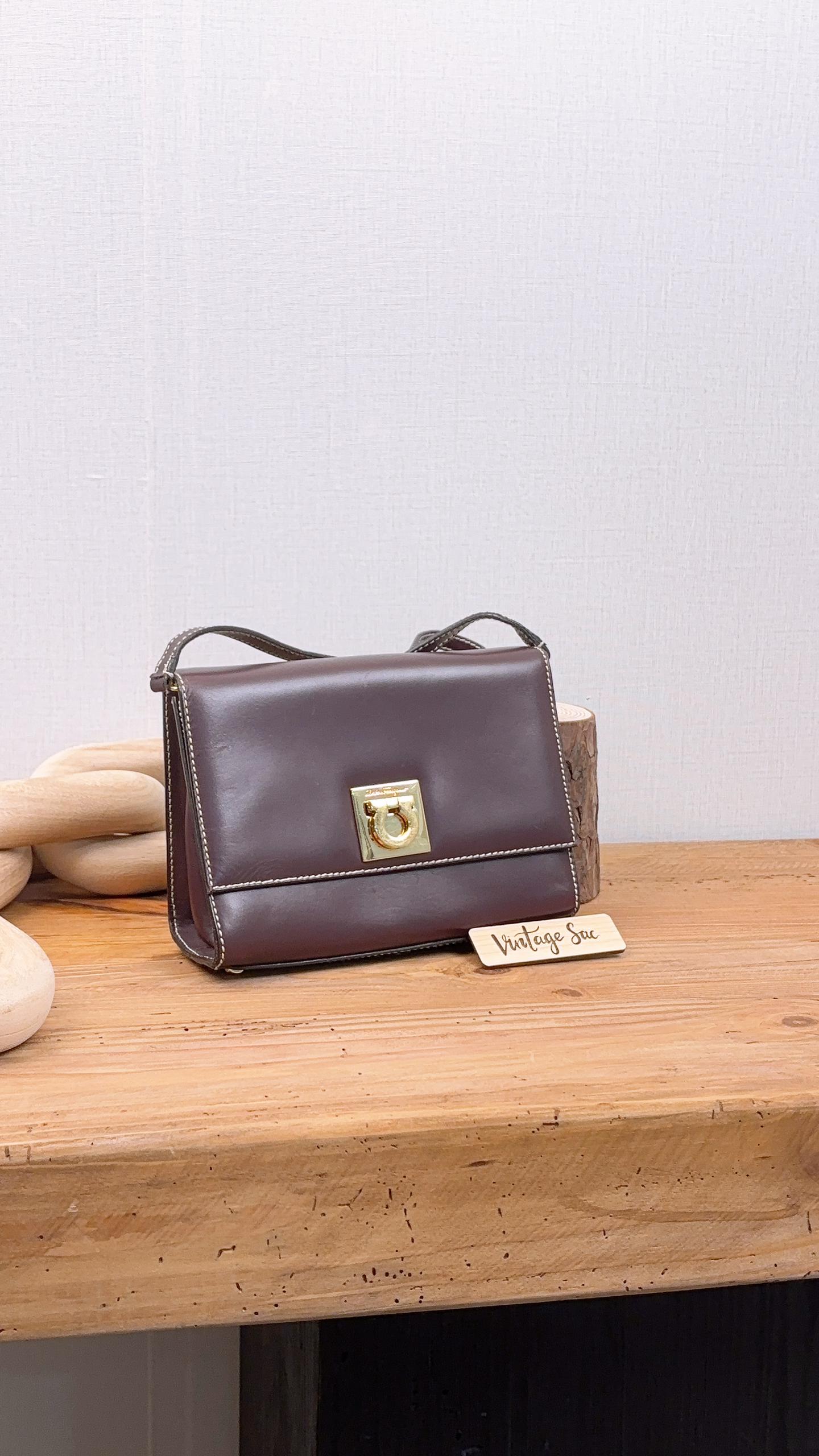 Salvatore Ferragamo Burgundy Calfskin Gancini Shoulder Bag