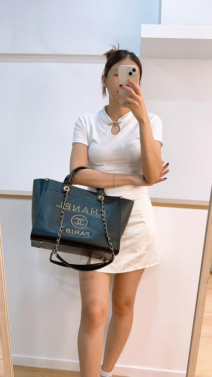 Chanel Black Small Caviar Studded Deauville Tote (GHW)
