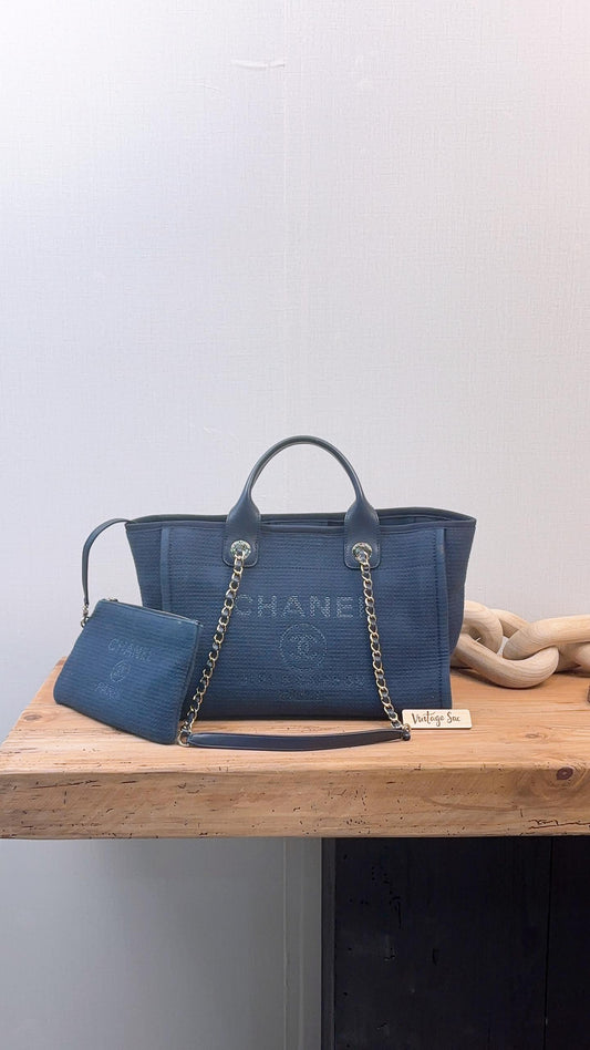 Chanel Navy Canvas Small Deauville Tote with Handle (LGHW)