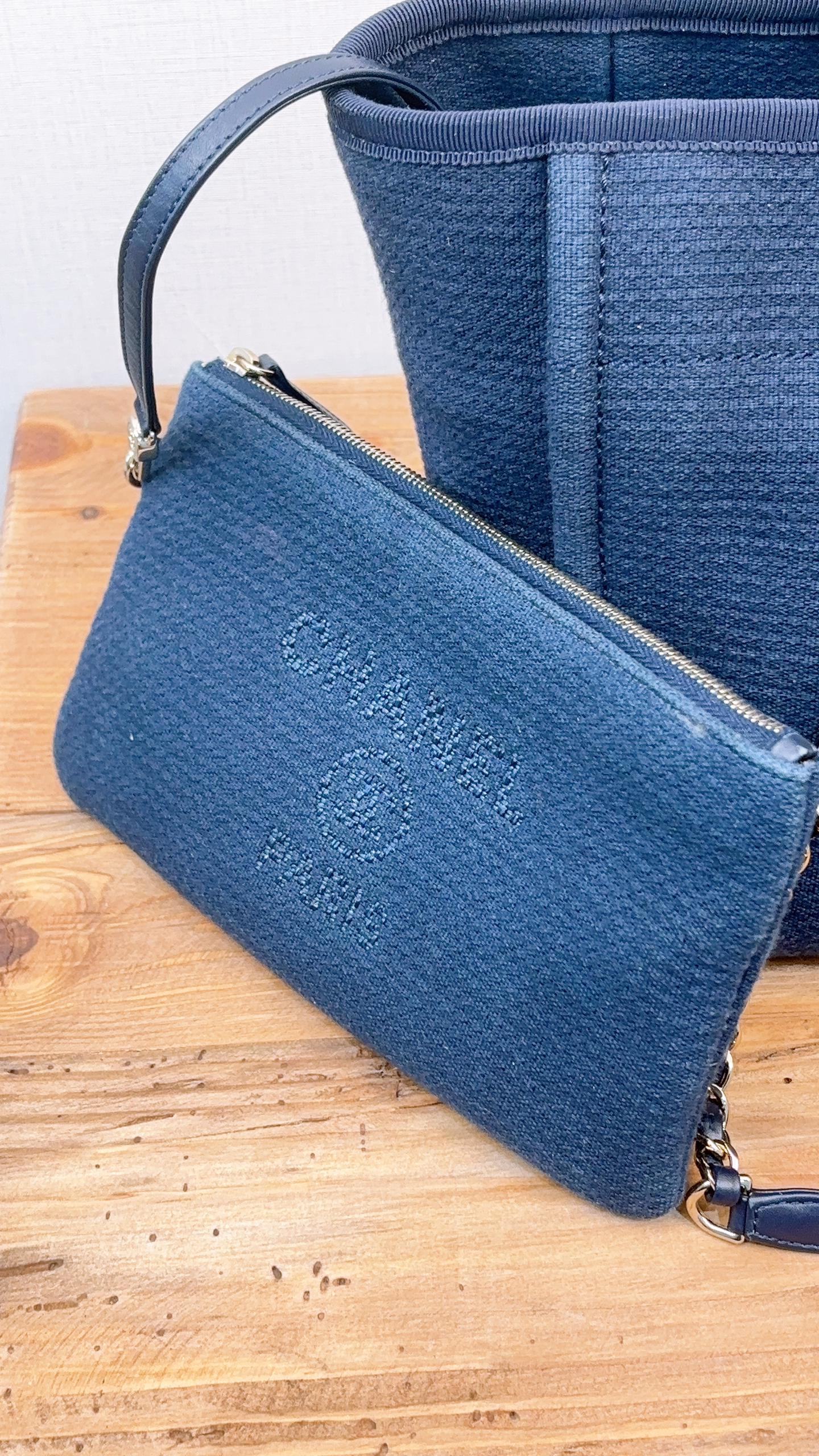 Chanel Navy Canvas Small Deauville Tote with Handle (LGHW)