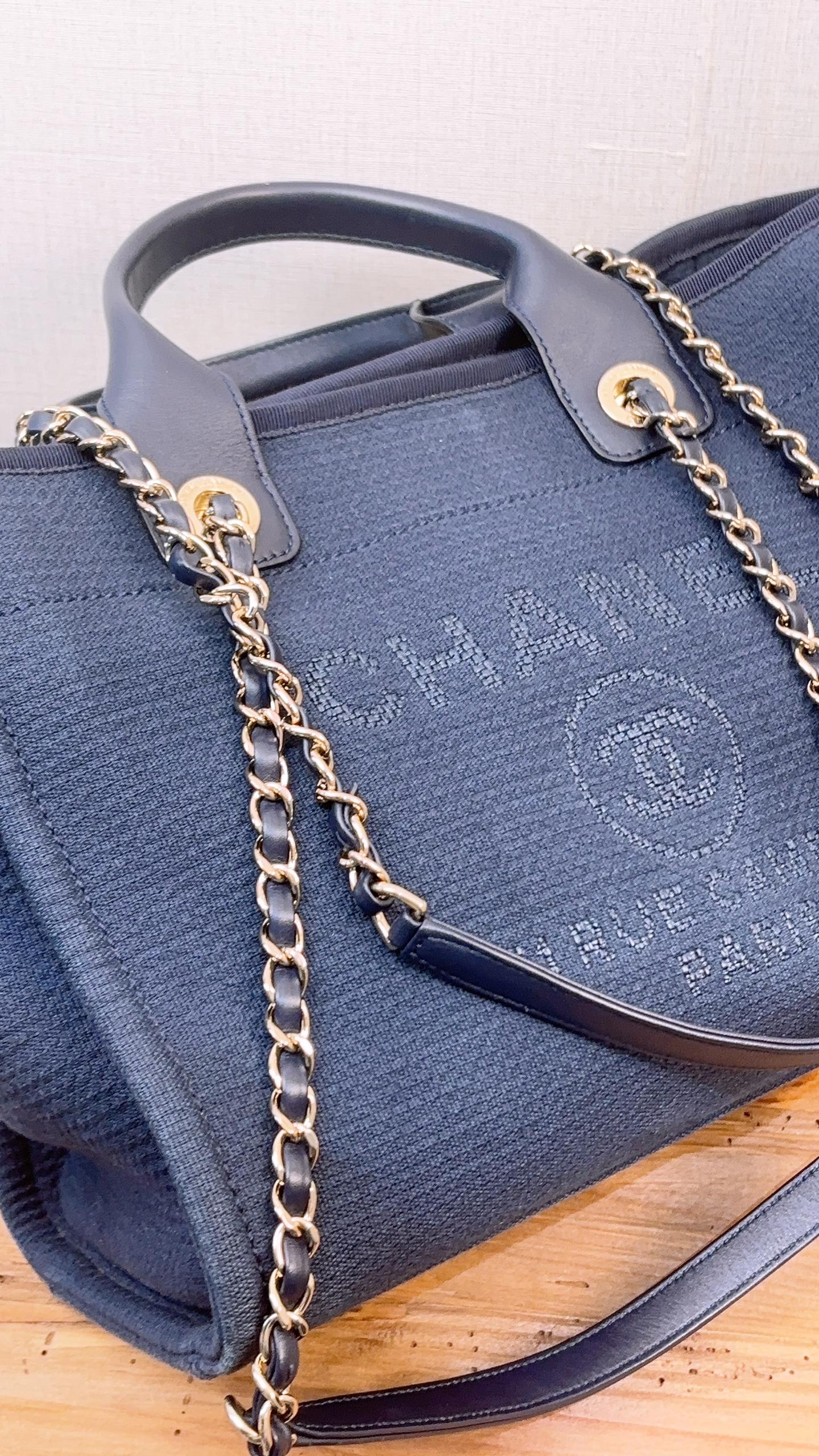 Chanel Navy Canvas Small Deauville Tote with Handle (LGHW)